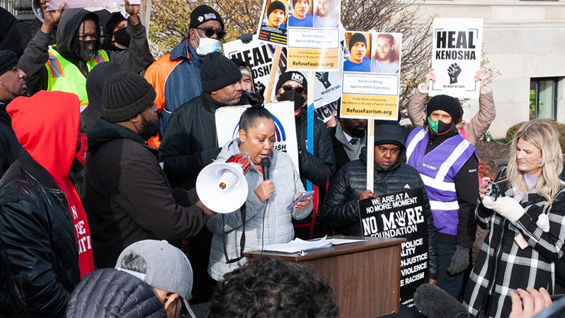 Protests outside Kenosha County Courthouse in response to the Kyle Rittenhouse trial.