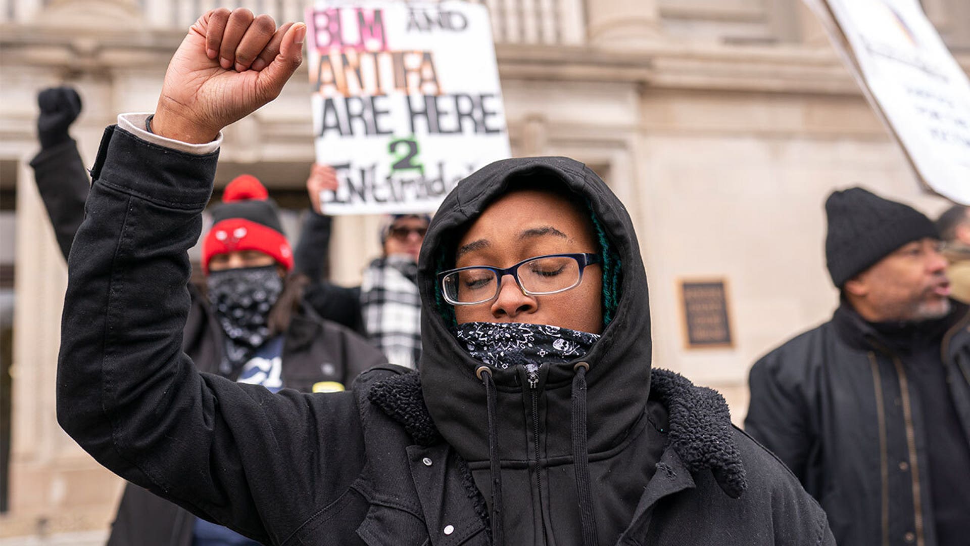 Protests outside Kenosha County Courthouse in response to the Kyle Rittenhouse trial.