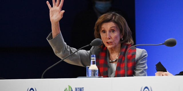 Speaker of the House of Representatives, Nancy Pelosi, attends a press conference during COP26 on November 10, 2021 in Glasgow, Scotland. (Photo by Jeff J Mitchell/Getty Images)