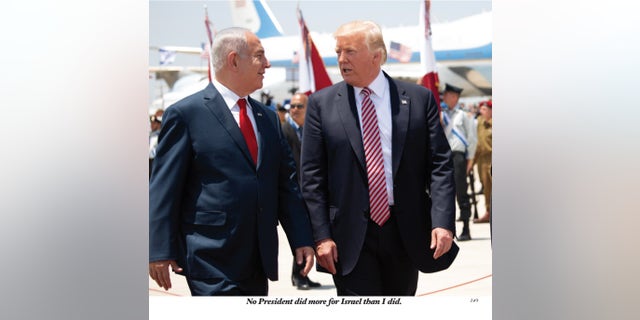 Former President Trump, on the right, joins former Israeli Prime Minister Bibi Netanyahu, on the left.
