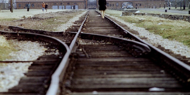 File photo of visitors walking along the railway track at the main gate of the Auschwitz Birkenau concentration camp.