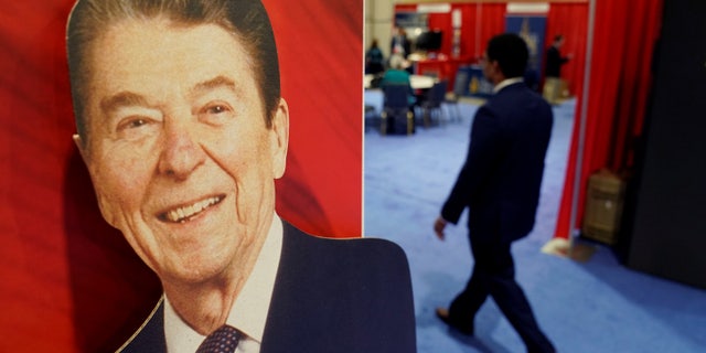 The image of President Ronald Reagan is on display at an exhibit stand at the Conservative Political Action Conference (CPAC) in Oxon Hill, Maryland, U.S., February 28, 2019. REUTERS/Kevin Lamarque