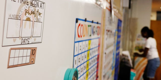 A sign counting the number of days in school hangs on the wall as kindergarten teacher Princess Bryant prepares her classroom for students who will be required to wear masks because of the coronavirus disease (COVID-19) pandemic at the start of the school year, at the Tynan Elementary School in Boston, Massachusetts, U.S., September 7, 2021. REUTERS/Brian Snyder