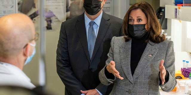 Vice President Kamala Harris and second gentleman Doug Emhoff tour the Institut Pasteur in Paris, France, on Nov. 9, 2021. Sarahbeth Maney/Pool via REUTERS