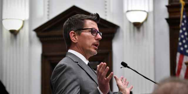 Assistant District Attorney Thomas Binger gives his closing argument during Kyle Rittenhouse's trial at Kenosha County Courthouse, in Kenosha, Wis., Nov. 15, 2021. Sean Krajacic/Pool via REUTERS