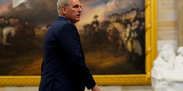 House Minority Leader Kevin McCarthy, R-Calif., walks through the Rotunda at the U.S. Capitol in Washington on Nov. 17, 2021. Various audiotapes of McCarthy leaked out this spring ahead of the 1/6 hearings — he was caught on tape speaking out against former President Trump and his culpability for the Jan. 6 riot.