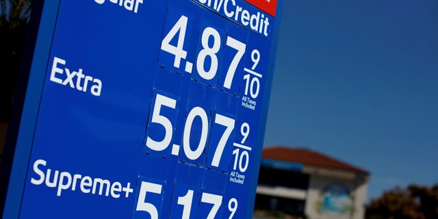 FILE PHOTO: Gas prices grow along with inflation as this sign at a gas station shows in San Diego, California, U.S. November, 9, 2021.  REUTERS/Mike Blake/File Photo/File Photo