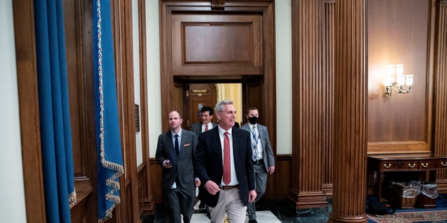 US House Minority Leader Kevin McCarthy (R-CA) walks to his office following speaking for more than eight hours on the House floor at the US Capitol in Washington, DC, November 19, 2021.