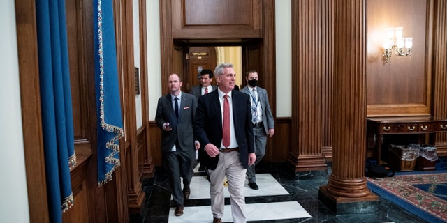 U.S. House Minority Leader Kevin McCarthy (R-CA) walks to his office following speaking for more than eight hours on the House floor at the U.S. Capitol in Washington, D.C., November 19, 2021.