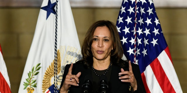 U.S. Vice President Kamala Harris speaks as she visits Plumbers and Pipefitters Local 189 union during a trip to promote the infrastructure plan in Columbus, Ohio, U.S. November 19, 2021. 