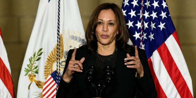 U.S. Vice President Kamala Harris speaks as she visits Plumbers and Pipefitters Local 189 union during a trip to promote the infrastructure plan in Columbus, Ohio, U.S. November 19, 2021. 