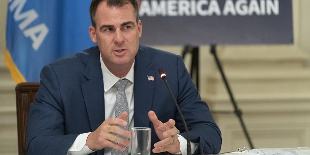 Kevin Stitt, governor of Oklahoma, speaks during a meeting with U.S. President Donald Trump and governors in the State Dining Room of the White House on Thursday, June 18, 2020. The Pardon and Parole Board has recommended that the governor give Julius Jones clemency.