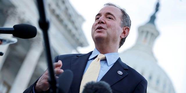 Rep. Adam Schiff, R-Calif., speaks to reporters outside the Capitol in Washington, D.C.