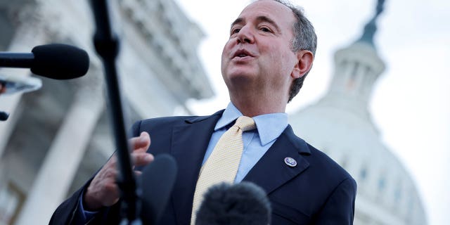 Rep. Adam Schiff, R-Calif., speaks to reporters outside the Capitol in Washington, D.C.