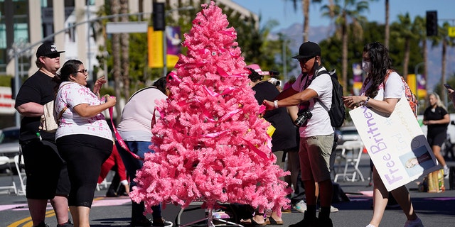 Apoiadores de Britney Spears decoram uma árvore de Natal rosa "Free Britney" do lado de fora de uma audiência sobre a tutela da cantora pop no Tribunal Stanley Mosk, sexta-feira, 12 de novembro de 2021, em Los Angeles.