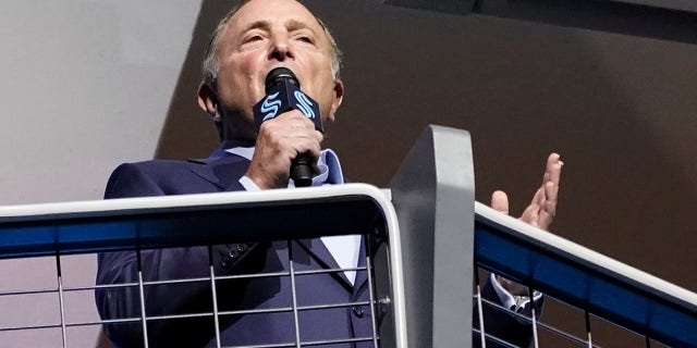 NHL Commissioner Gary Bettman speaks before an NHL hockey game between the Seattle Kraken and the Vancouver Canucks, Saturday, Oct. 23, 2021, in Seattle.