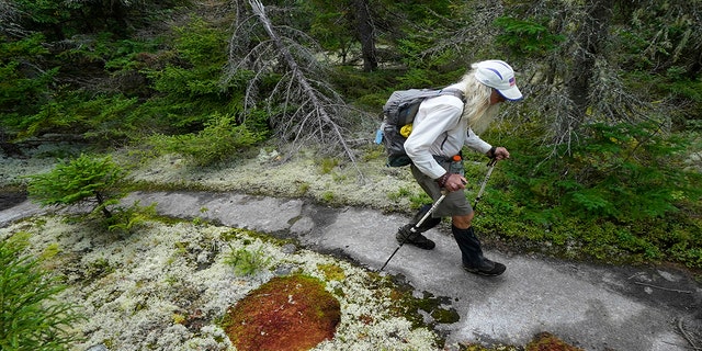 M.J. Eberhart, 83, carefully hikes the Appalachian Trail, Sunday, Sept. 12, 2021, in Gorham, New Hampshire. Eberhart, who goes by the trail name of Nimblewill Nomad, recently set the record for being the the oldest person to hike the entire 2,193-mile Appalachian Trail. (AP Photo/Robert F. Bukaty)