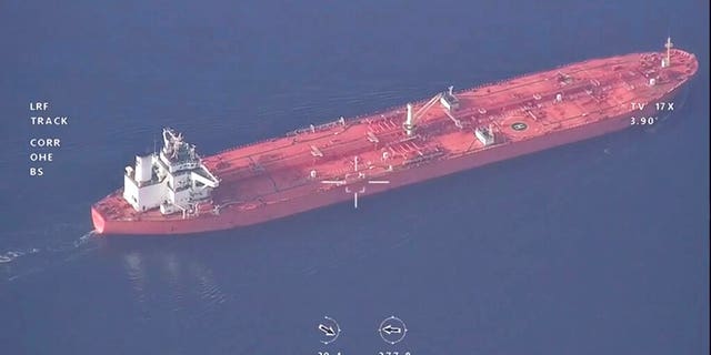This frame grab from a video released by Iran's paramilitary Revolutionary Guard on Wednesday, Nov. 3, 2021, shows the seized Vietnamese-flagged oil tanker in the Gulf of Oman. Iran seized the tanker in the Gulf of Oman last month and still holds the vessel, two U.S. officials told The Associated Press on Wednesday, revealing the latest provocation in Mideast waters as tensions escalate between Iran and the United States over Tehran's nuclear program. (Revolutionary Guard via AP)