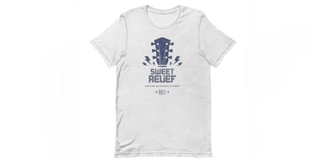 This image released by Sweet Relief shows a T-shirt, one of many music-themed merch for sale by the nonprofit Sweet Relief Musicians Fund to benefit career musicians who are struggling to make ends meet while facing illness, disability or age-related problems. (Sweet Relief via AP)