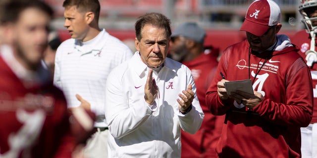 Alabama head coach Nick Saban cheers his team before an NCAA college football game against New Mexico State, Saturday, Nov. 13, 2021, in Tuscaloosa, Ala.