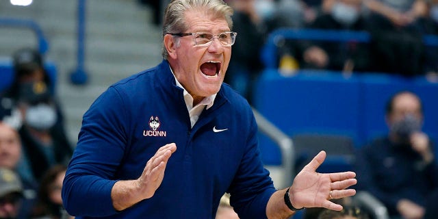 Connecticut head coach Geno Auriemma reacts in the first half of an NCAA college basketball game against Arkansas, Sunday, Nov. 14, 2021, in Hartford, Conn.