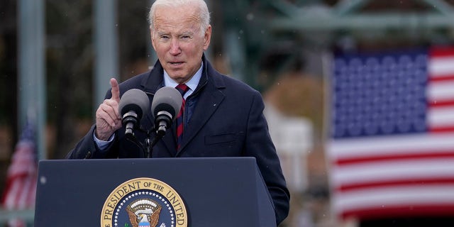 President Biden speaks near a bridge over the Pemigewasset River to promote infrastructure spending, Nov. 16, 2021, in Woodstock, New Hampshire.