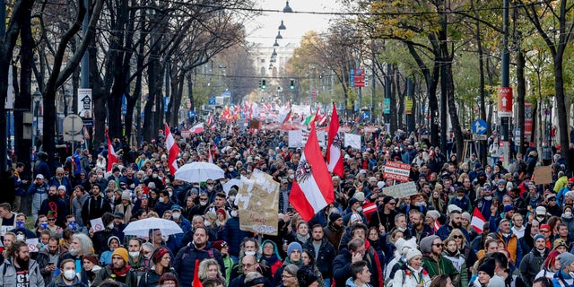 Hundreds of people take part in a demonstration against the country's coronavirus restrictions in Vienna, Austria, Saturday, Nov.20, 2021. Thousands of protesters are expected to gather in Vienna after the Austrian government announced a nationwide lockdown to contain the quickly rising coronavirus infections in the country. (AP Photo/Lisa Leutner)