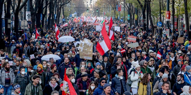 Hundreds of people take part in a demonstration against the country's coronavirus restrictions in Vienna, Austria, Saturday, Nov.20, 2021. Thousands of protesters are expected to gather in Vienna after the Austrian government announced a nationwide lockdown to contain the quickly rising coronavirus infections in the country. (AP Photo/Lisa Leutner)