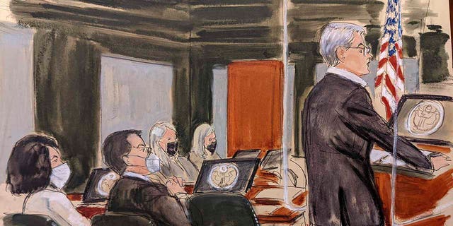 In this courtroom sketch, Lead Maxwell defense attorney Bobbi Sternheim gives an opening statement while Ghislaine Maxwell, far left, listens, Monday, Nov. 29, 2021, in New York City.