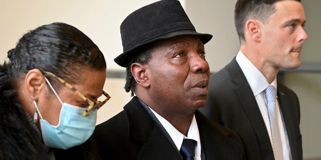 Anthony Broadwater, 61, center, appears after a judge overturned his conviction that wrongfully put him in state prison for the rape of author Alice Sebold, Nov. 22, 2021, in Syracuse, N.Y.  