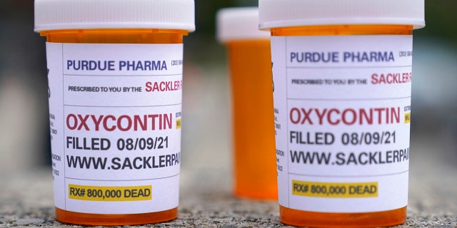FILE - In this Aug. 9, 2021, file photo, fake pill bottles with messages about OxyContin maker Purdue Pharma are displayed during a protest outside the courthouse where the bankruptcy of the company is taking place in White Plains, N.Y. A federal judge should reject a sweeping settlement to thousands of lawsuits against OxyContin maker Purdue Pharma, a group of states said at a hearing Tuesday, Nov. 30, 2021 arguing that the protections it extends to members of the Sackler family who own the firm are improper.