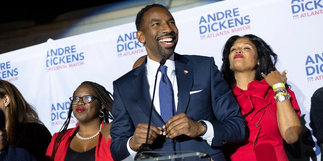 Atlanta mayoral runoff candidate Andre Dickens gives his victory speech Tuesday, Nov. 30, 2021, in Atlanta. Dickens, a city council member, won the runoff, riding a surge of support that powered him past the council’s current president, Felicia Moore, after finishing second to her in November.