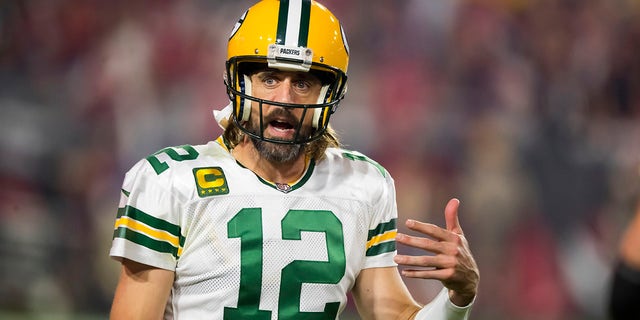 Aaron Rodgers reacts against the Arizona Cardinals at State Farm Stadium on Oct. 28, 2021, in Glendale, Arizona.