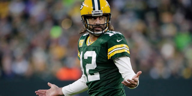 Green Bay Packers' Aaron Rodgers reacts after an incomplete pass during the first half of an NFL football game against the Seattle Seahawks Sunday, Nov. 14, 2021, in Green Bay, Wisconsin.