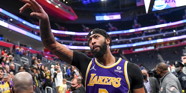 Anthony Davis of the Los Angeles Lakers leaves the court after the game against the Detroit Pistons at Little Caesars Arena on Nov. 21, 2021, in Detroit, Michigan.