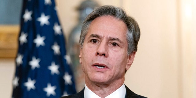 Secretary of State Antony Blinken speaks during a photo opportunity with Romanian Foreign Minister Bogdan Aurescu at the State Department, Monday, Nov. 8, 2021, in Washington.