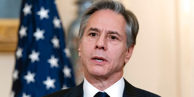 Secretary of State Antony Blinken speaks during a photo opportunity with Romanian Foreign Minister Bogdan Aurescu at the State Department, Monday, Nov. 8, 2021, in Washington. (AP Photo/Alex Brandon, Pool).