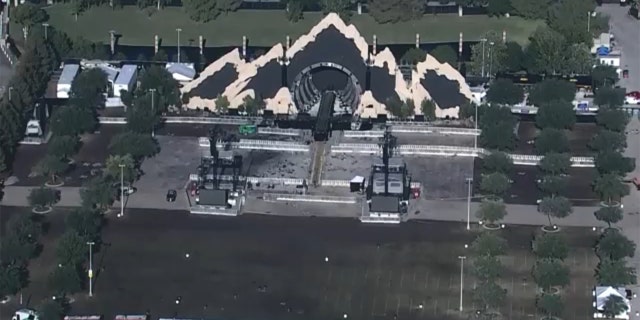 The site of the Astroworld Festival in Houston is seen from the air on Saturday, Nov. 6, 2021.
