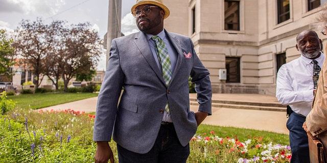 Vauhxx Booker spoke during a press conference after a special prosecutor charged him with felony assault and trespassing over a year after he was attacked in July 2020 at Lake Monroe, at the Monroe County Courthouse in Bloomington, Indiana.