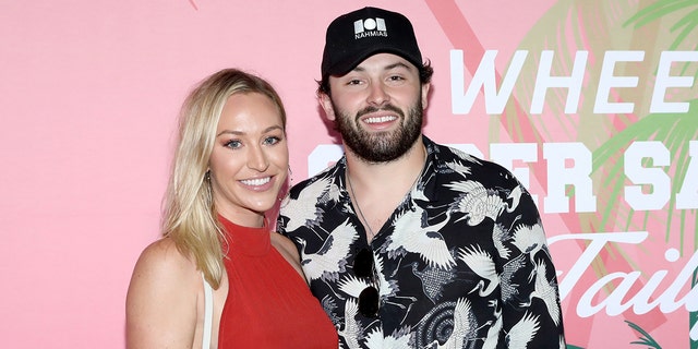 Emily Wilkinson and Baker Mayfield at Wheels Up members-only Super Saturday Tailgate event on Feb. 1, 2020 in Wynwood, Miami.