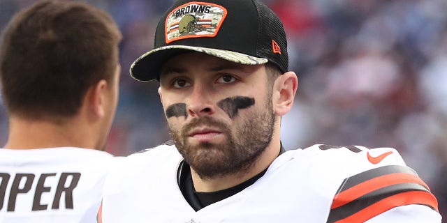 Baker Mayfield #6 of the Cleveland Browns reacts from the sideline during the third quarter against the New England Patriots at Gillette Stadium on November 14, 2021 in Foxborough, Massachusetts.