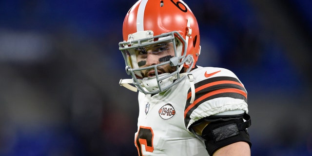 Cleveland Browns quarterback Baker Mayfield works out before an NFL game against the Baltimore Ravens on November 28, 2021 in Baltimore.