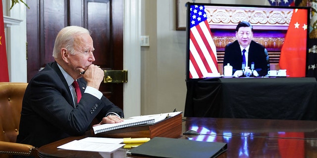 President Biden meets with China's President Xi Jinping during a virtual summit from the Roosevelt Room of the White House in Washington, D.C., Nov. 15, 2021.