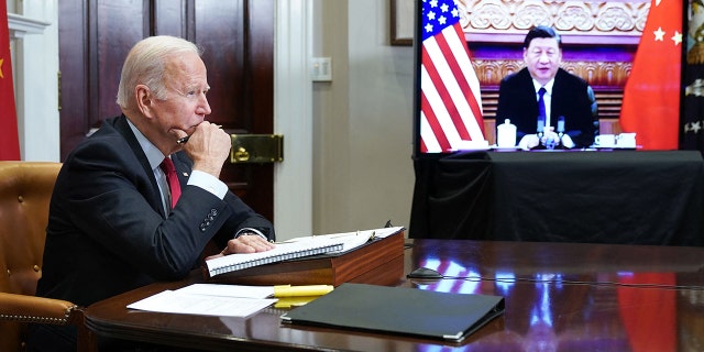 President Biden meets virtually with China's President Xi Jinping from the White House on Nov. 15, 2021.