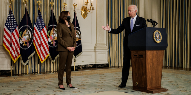 President Biden acknowledges U.S. Vice President Kamala Harris during a press conference in the State Dinning Room at the White House Nov. 6, 2021, a Washington, D.C.