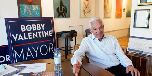 Former New York Mets manager Bobby Valentine speaks during an interview with The Associated Press, Thursday, Oct. 21, 2021, at his campaign headquarters in Stamford, Conn. Valentine is running as an unaffiliated candidate against 35-year-old Harvard-educated state Rep. Caroline Simmons, who upset the sitting Democratic mayor in a September primary.