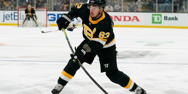 Boston Bruins' Brad Marchand lets go with a shot against the New York Rangers during the first period of an NHL hockey game Friday, Nov. 26, 2021, in Boston.