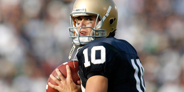 Notre Dame quarterback Brady Quinn during the Notre Dame Fighting Irish 41-17 victory over the Penn State Nittany Lions at Notre Dame Stadium in South Bend, Indiana. Quinn would complete 25 of 36 passes for 287 yards and three touchdowns in the win.