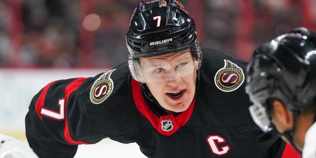 Brady Tkachuk of the Senators prepares for a face-off against the Calgary Flames on Nov. 14, 2021, in Ottawa.