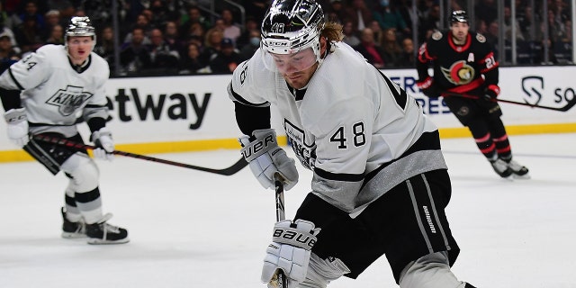 Kings left wing Brendan Lemieux shoots on goal against the Ottawa Senators at Staples Center on Nov. 27, 2021, in Los Angeles.